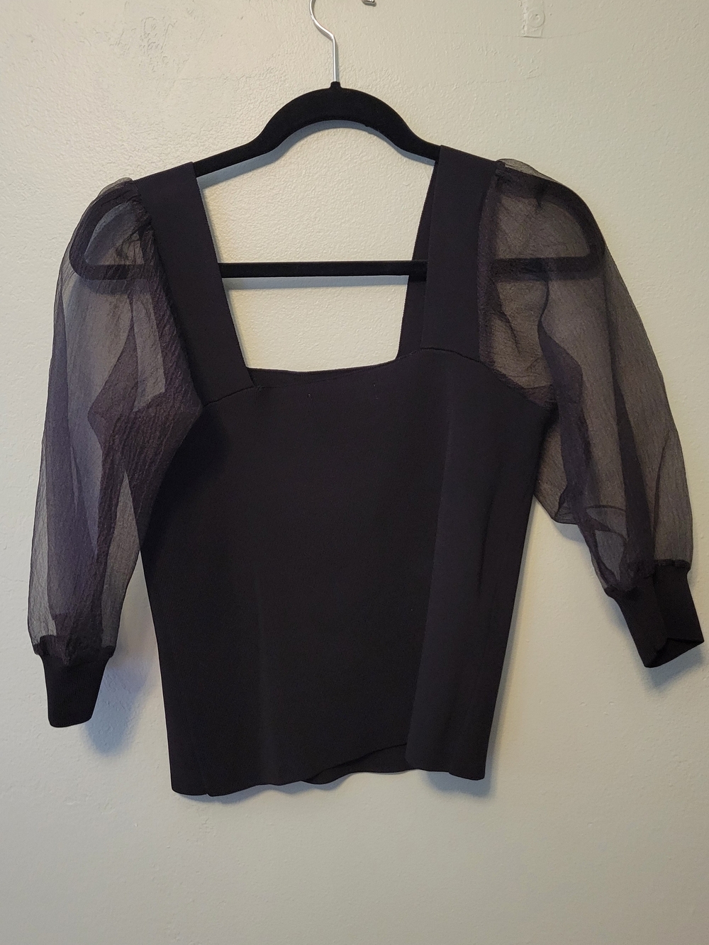 Mango Black Square Neck Top with Sheer Puff Sleeves